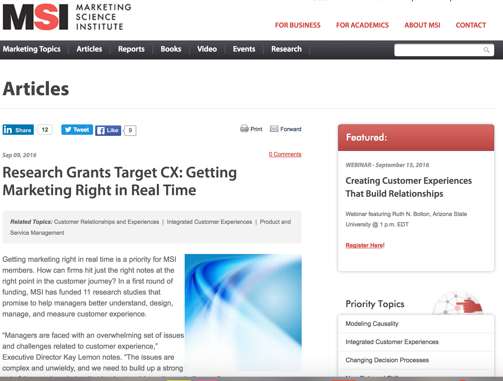 Article by the Marketing Science Institute - Research Grant Target CX